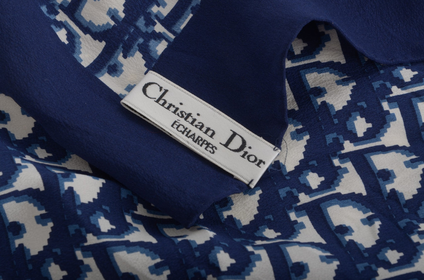 Christian Dior Scarf Vintage Navy Trotter 100% Silk Oblique Monogram Stole Shawl Designer Classic