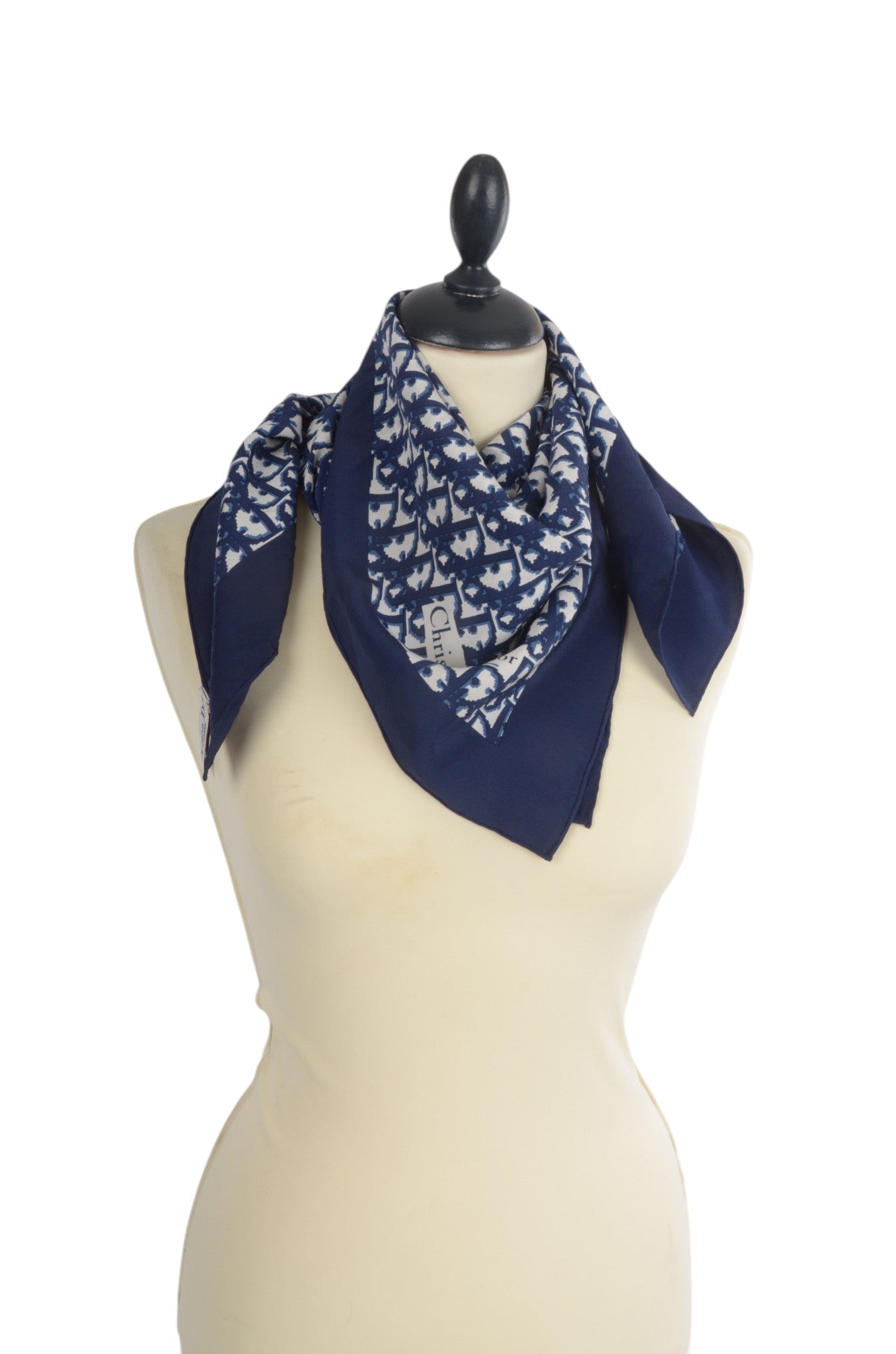 Christian Dior Scarf Vintage Navy Trotter 100% Silk Oblique Monogram Stole Shawl Designer Classic