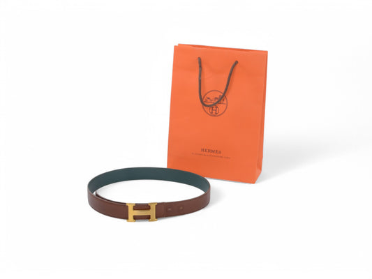 Hermès Constance H Leather Belt Brown Green Reversible Buckle Gold Belt