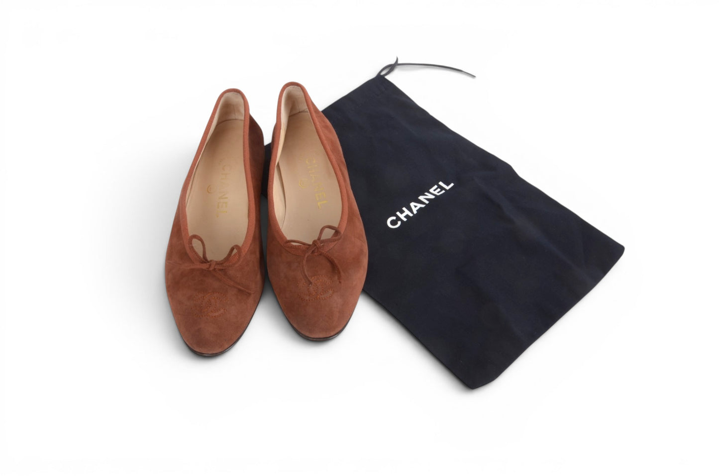 Chanel Ribbon Suede Ballet Flats Shoes Ballerina Brown Vintage size 37 Designer Classic