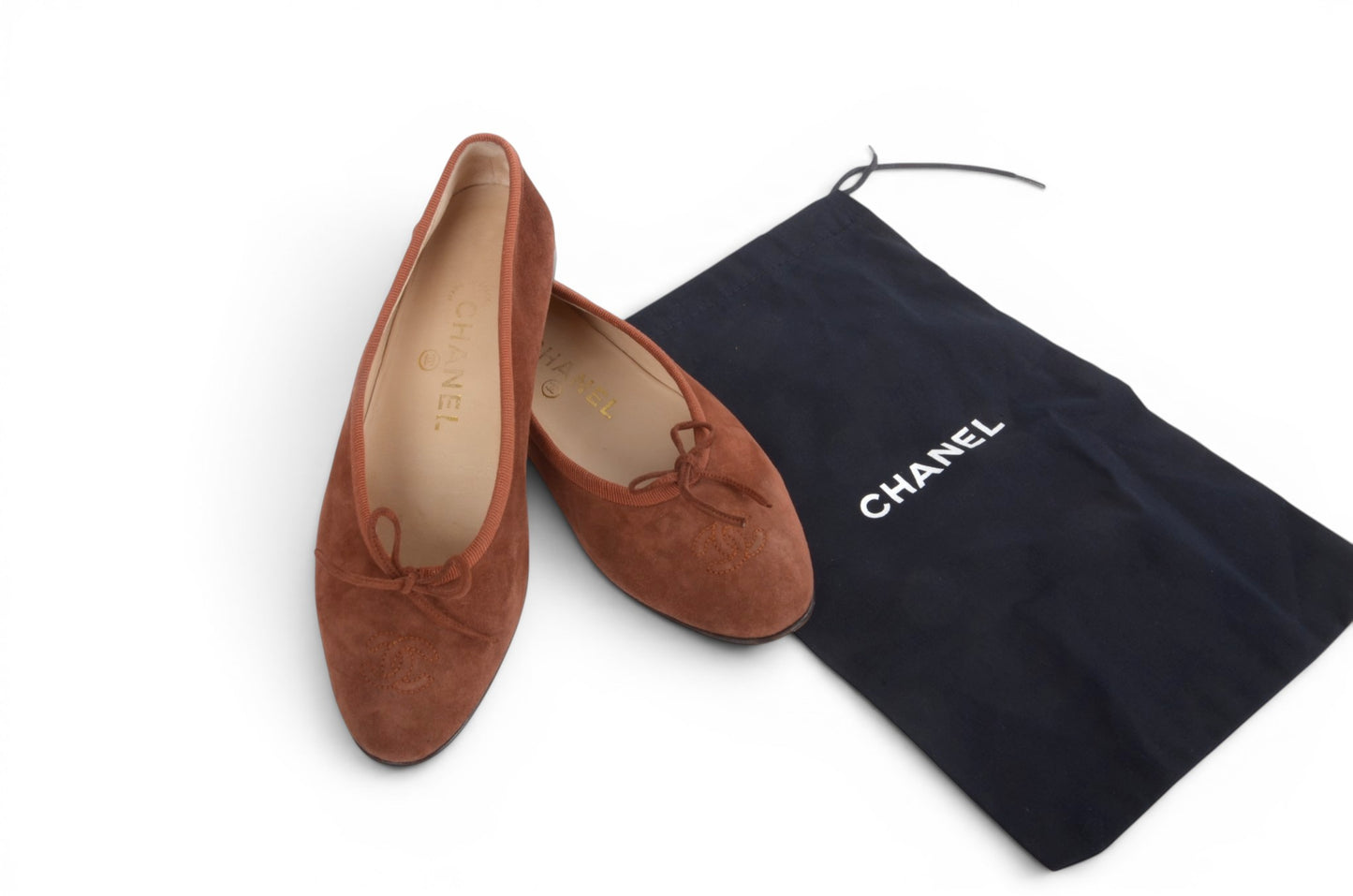 Chanel Ribbon Suede Ballet Flats Shoes Ballerina Brown Vintage size 37 Designer Classic