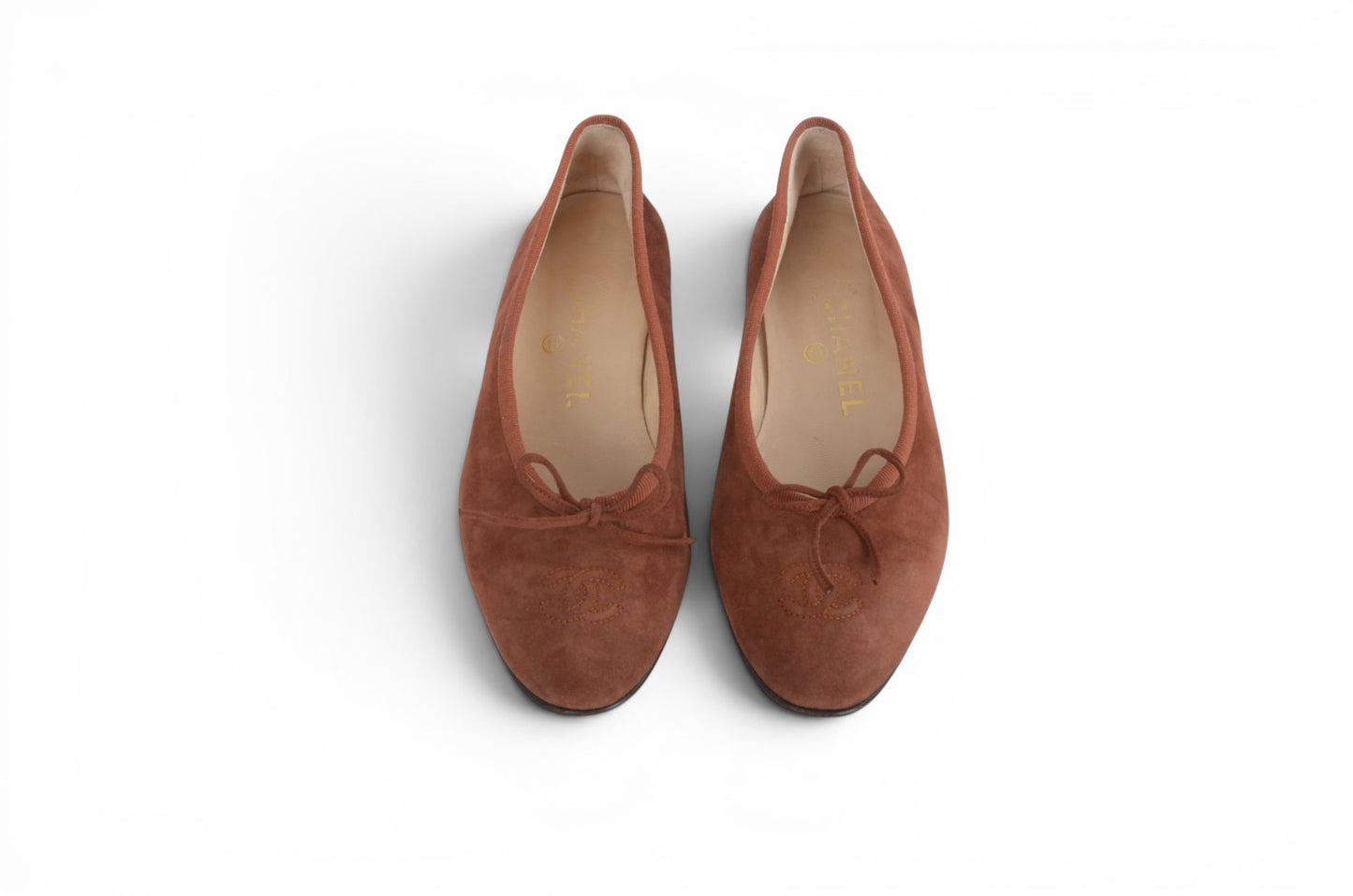 Chanel Ribbon Suede Ballet Flats Shoes Ballerina Brown Vintage size 37 Designer Classic