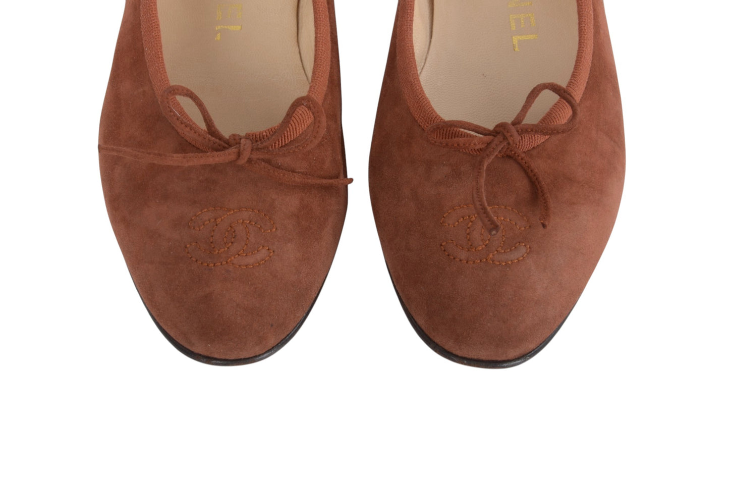 Chanel Ribbon Suede Ballet Flats Shoes Ballerina Brown Vintage size 37 Designer Classic