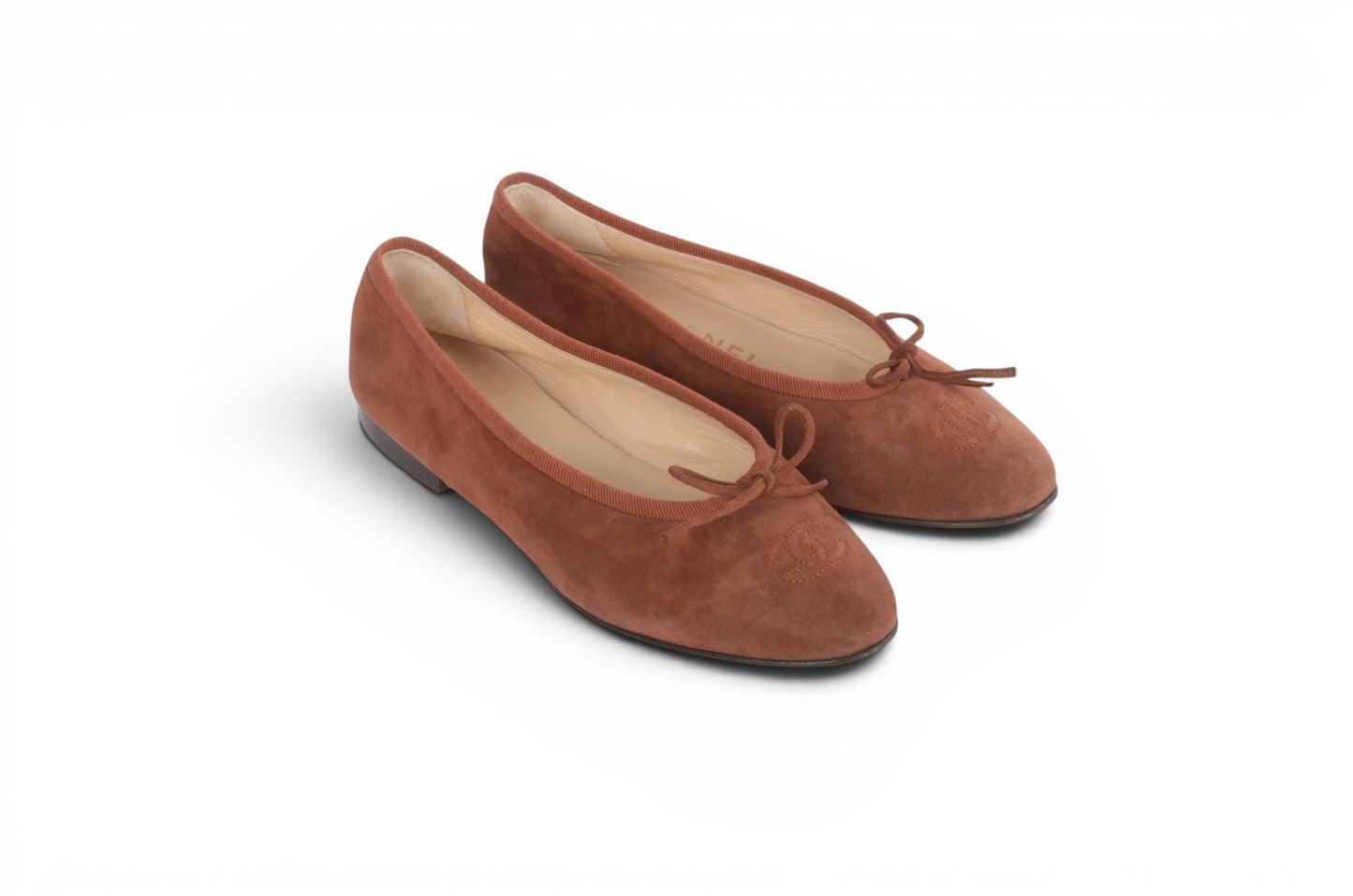 Chanel Ribbon Suede Ballet Flats Shoes Ballerina Brown Vintage size 37 Designer Classic