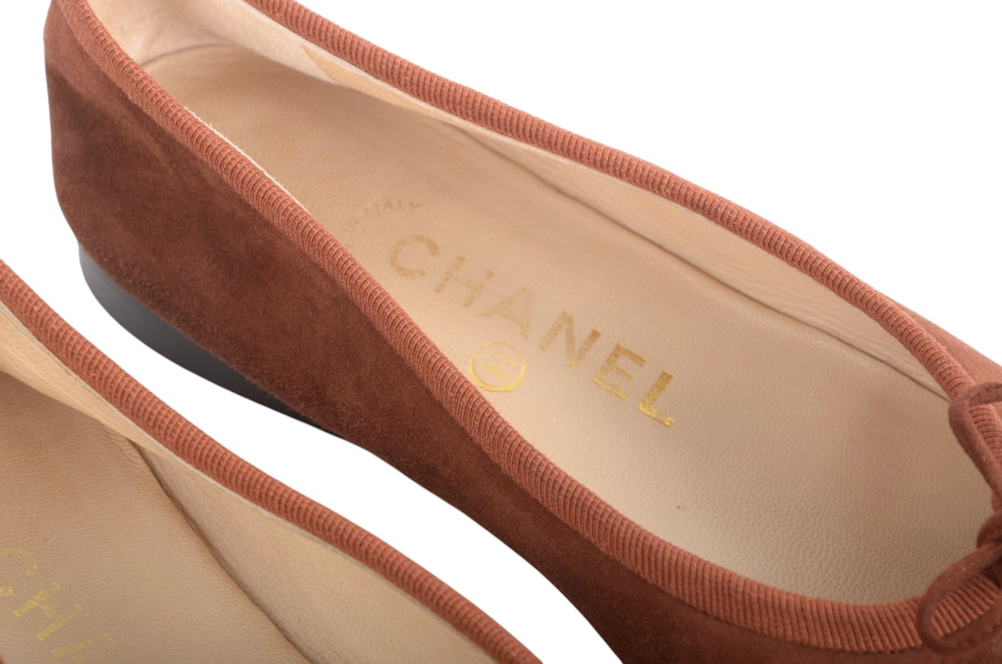Chanel Ribbon Suede Ballet Flats Shoes Ballerina Brown Vintage size 37 Designer Classic