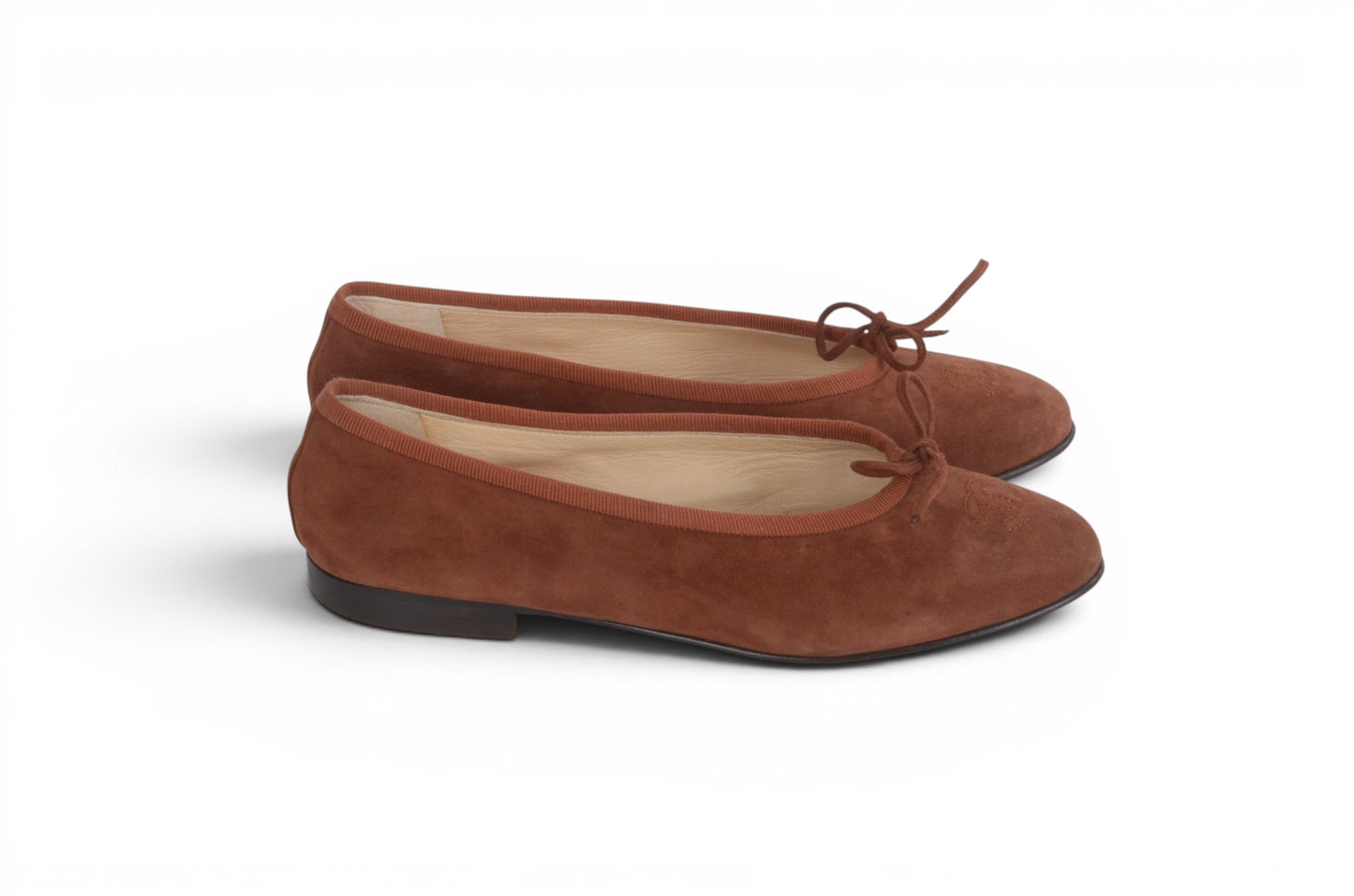 Chanel Ribbon Suede Ballet Flats Shoes Ballerina Brown Vintage size 37 Designer Classic