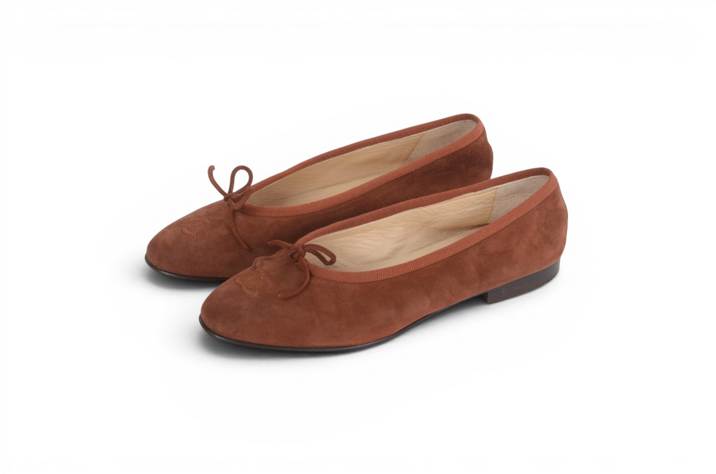 Chanel Ribbon Suede Ballet Flats Shoes Ballerina Brown Vintage size 37 Designer Classic
