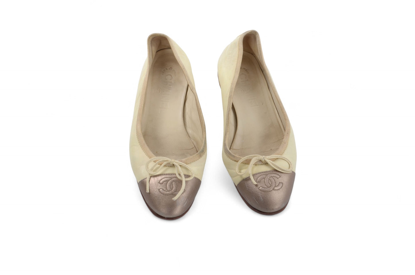 Chanel Ballet Flats Shoes Ballerina Flat Pumps Ribbon Leather Vintage Size 34C Beige bronze