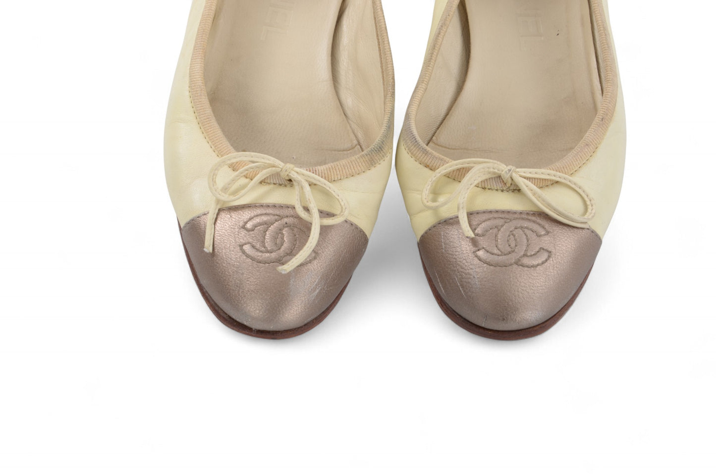 Chanel Ballet Flats Shoes Ballerina Flat Pumps Ribbon Leather Vintage Size 34C Beige bronze