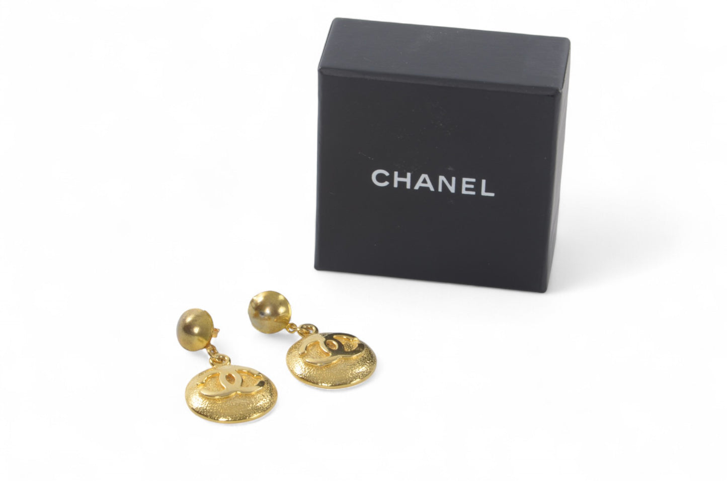 Chanel Vintage CC Coco Dangle Drop Button Earrings Gold Plated Statement Designer Classic Jewelry