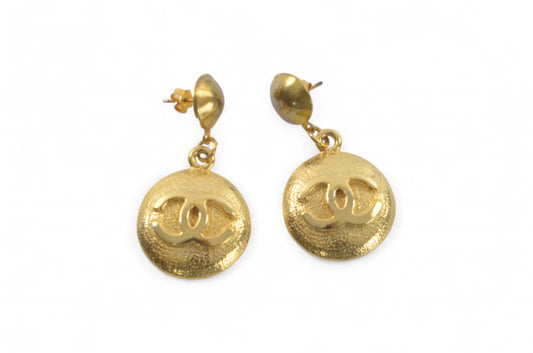 Chanel Vintage CC Coco Dangle Drop Button Earrings Gold Plated Statement Designer Classic Jewelry