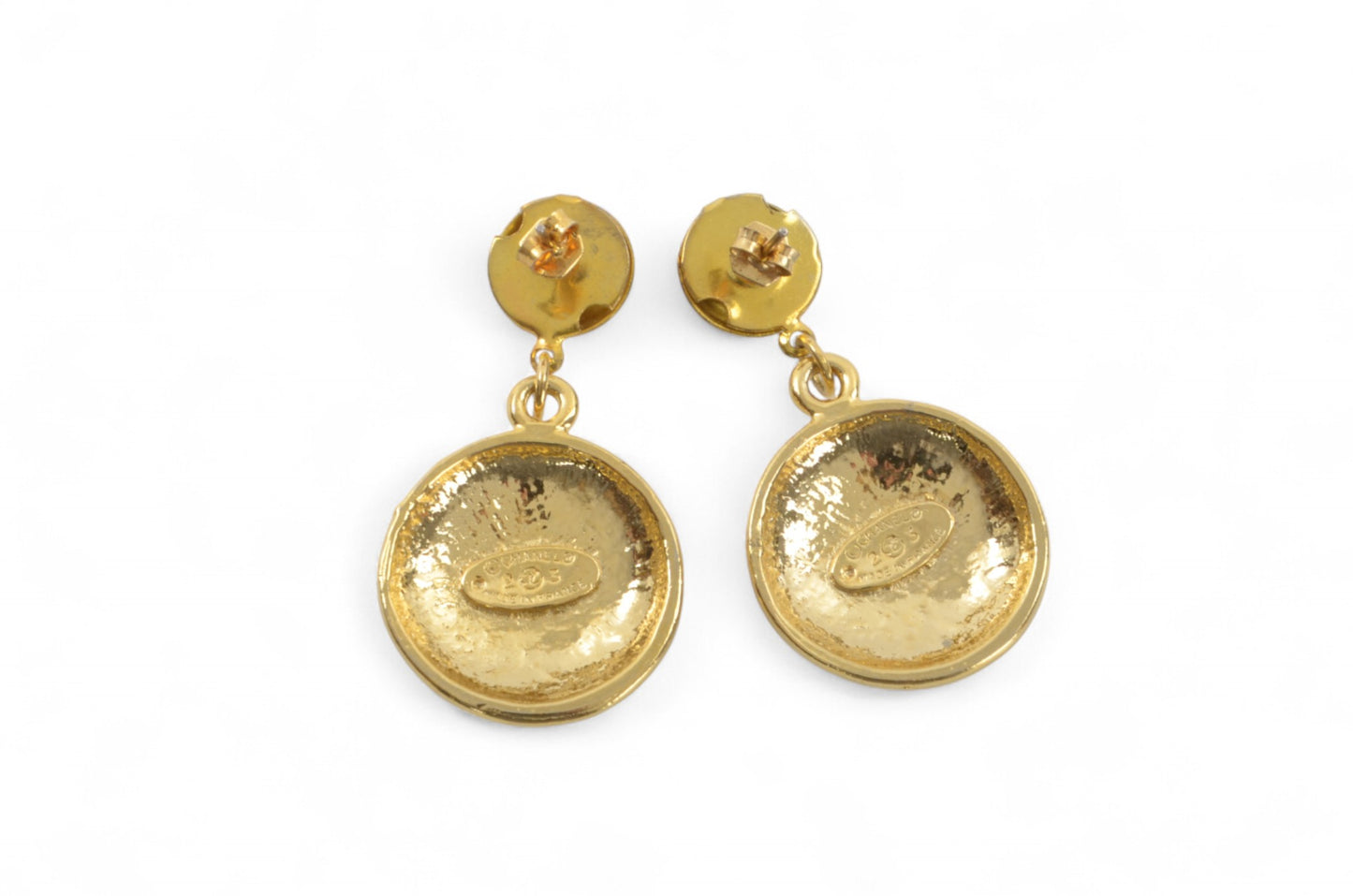 Chanel Vintage CC Coco Dangle Drop Button Earrings Gold Plated Statement Designer Classic Jewelry