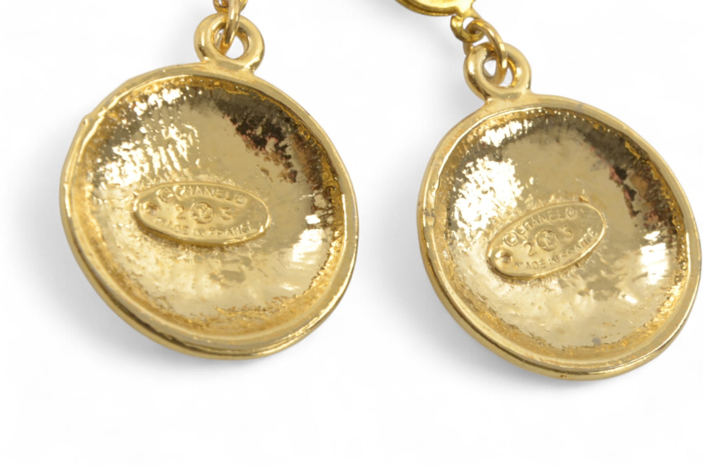 Chanel Vintage CC Coco Dangle Drop Button Earrings Gold Plated Statement Designer Classic Jewelry