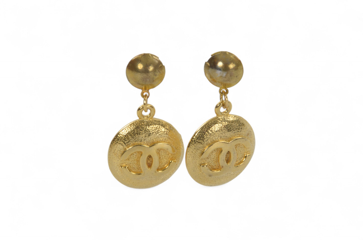 Chanel Vintage CC Coco Dangle Drop Button Earrings Gold Plated Statement Designer Classic Jewelry