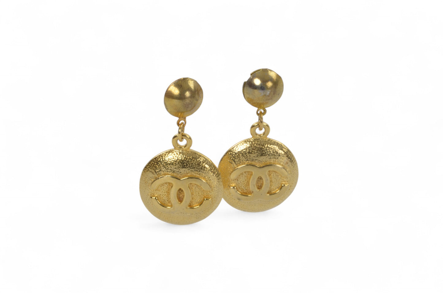 Chanel Vintage CC Coco Dangle Drop Button Earrings Gold Plated Statement Designer Classic Jewelry