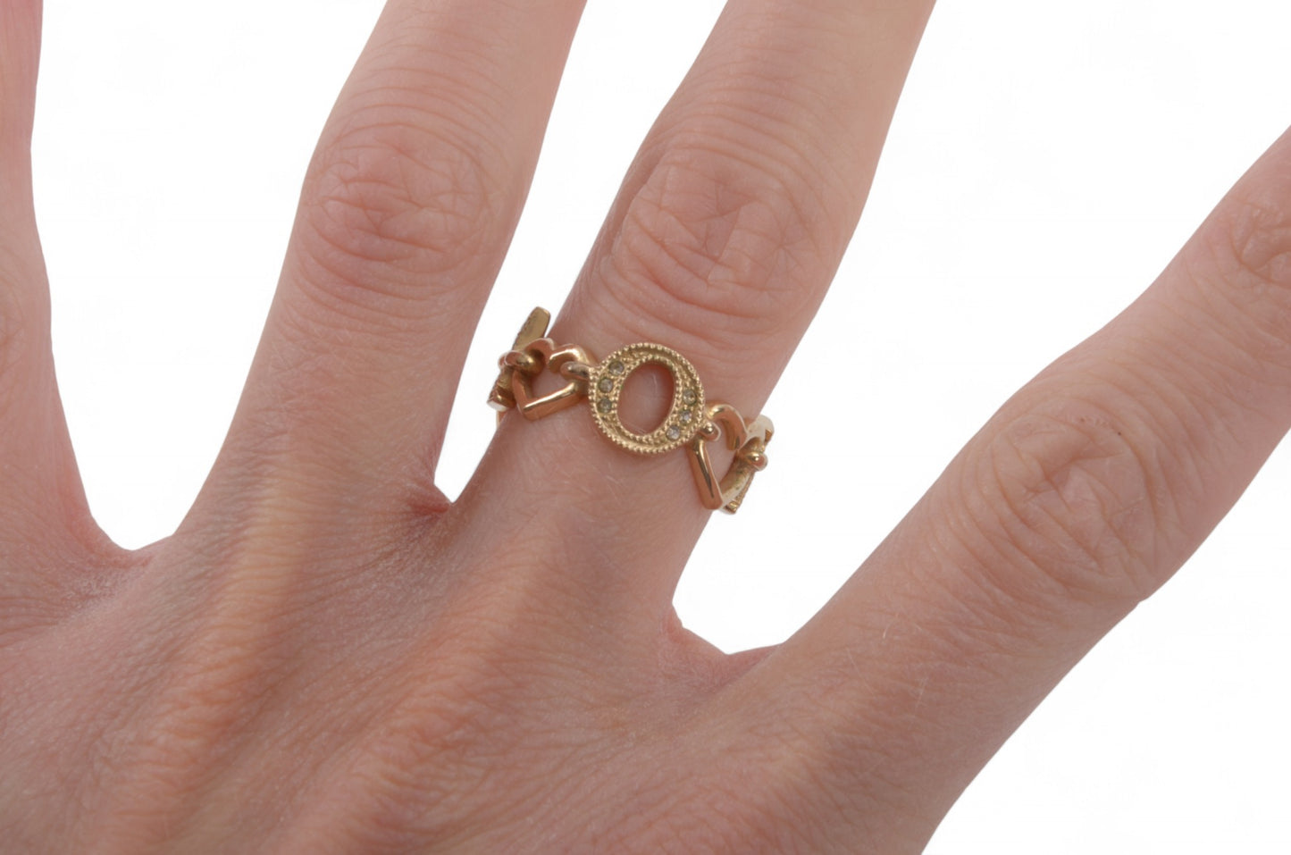 Christian Dior Crystal Signature Heart Band Ring Gold Plated Metal Rhinestone Vintage Designer Classic