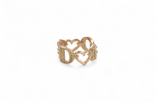 Christian Dior Crystal Signature Heart Band Ring Gold Plated Metal Rhinestone Vintage Designer Classic