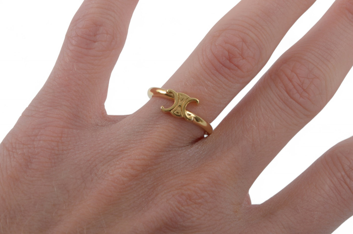 Celine Triomphe Asymmetric Ring Brass Gold Finish Logo Vintage Designer Classic