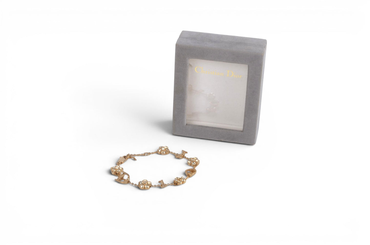 Christian Dior Flower Bracelet Bijou Vintage Gold Plated Metal Logo Designer Classic
