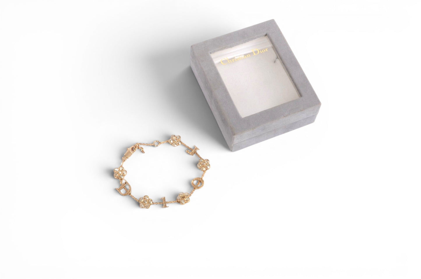 Christian Dior Flower Bracelet Bijou Vintage Gold Plated Metal Logo Designer Classic