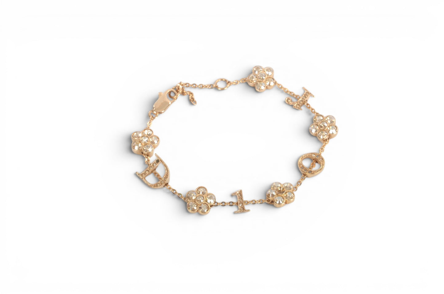 Christian Dior Flower Bracelet Bijou Vintage Gold Plated Metal Logo Designer Classic