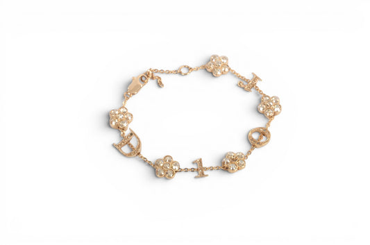 Christian Dior Flower Bracelet Bijou Vintage Gold Plated Metal Logo Designer Classic