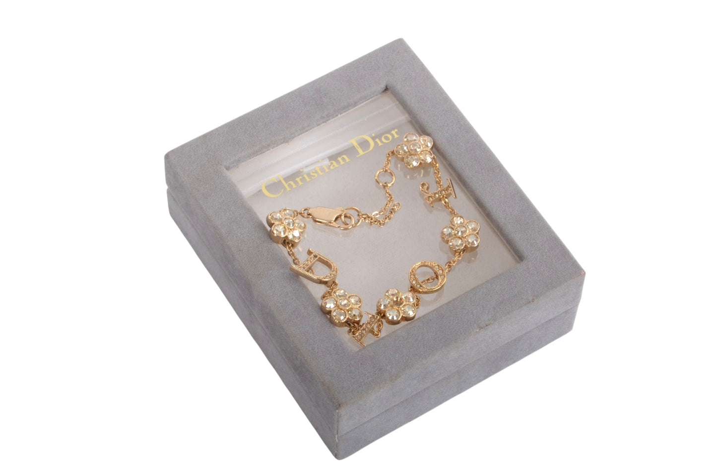 Christian Dior Flower Bracelet Bijou Vintage Gold Plated Metal Logo Designer Classic