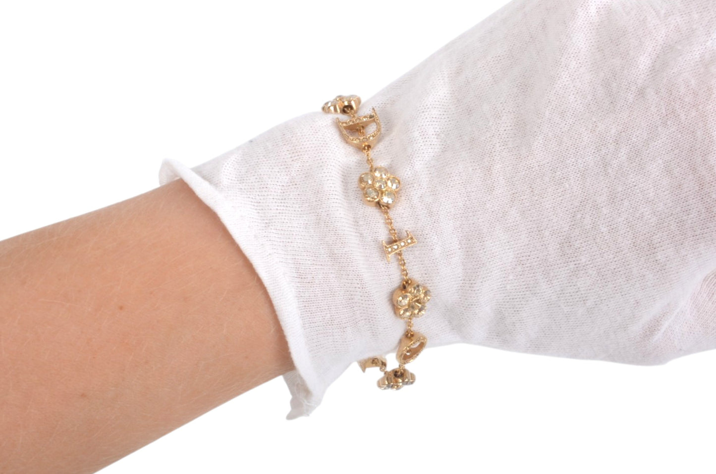 Christian Dior Flower Bracelet Bijou Vintage Gold Plated Metal Logo Designer Classic