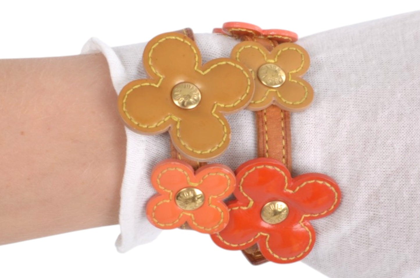Louis Vuitton Vernis Flower Lexington Double Bracelet Leather Vintage Brown Orange Designer Classic