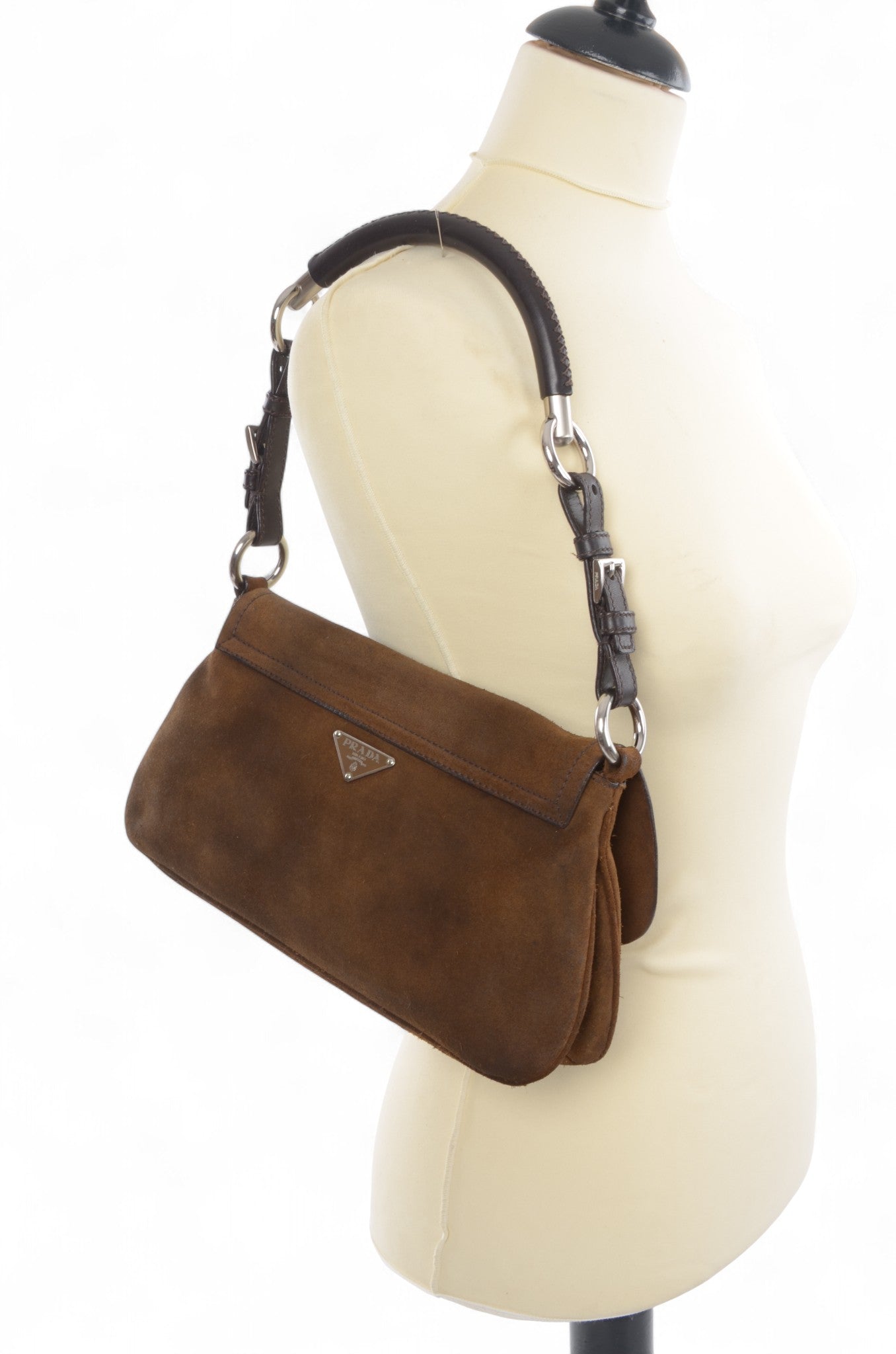 Prada Suede Shoulder Bag Handbag Vintage Leather Logo Brown Designer Classic