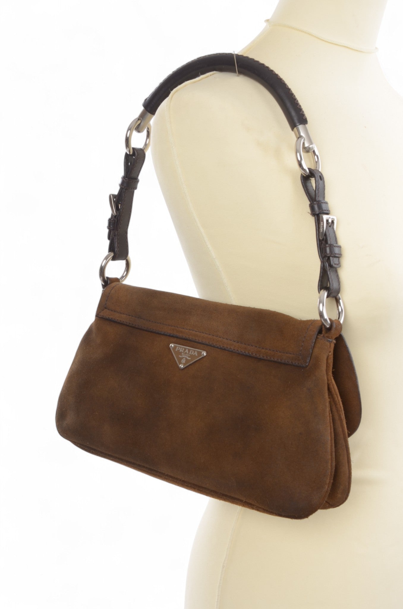 Prada Suede Shoulder Bag Handbag Vintage Leather Logo Brown Designer Classic