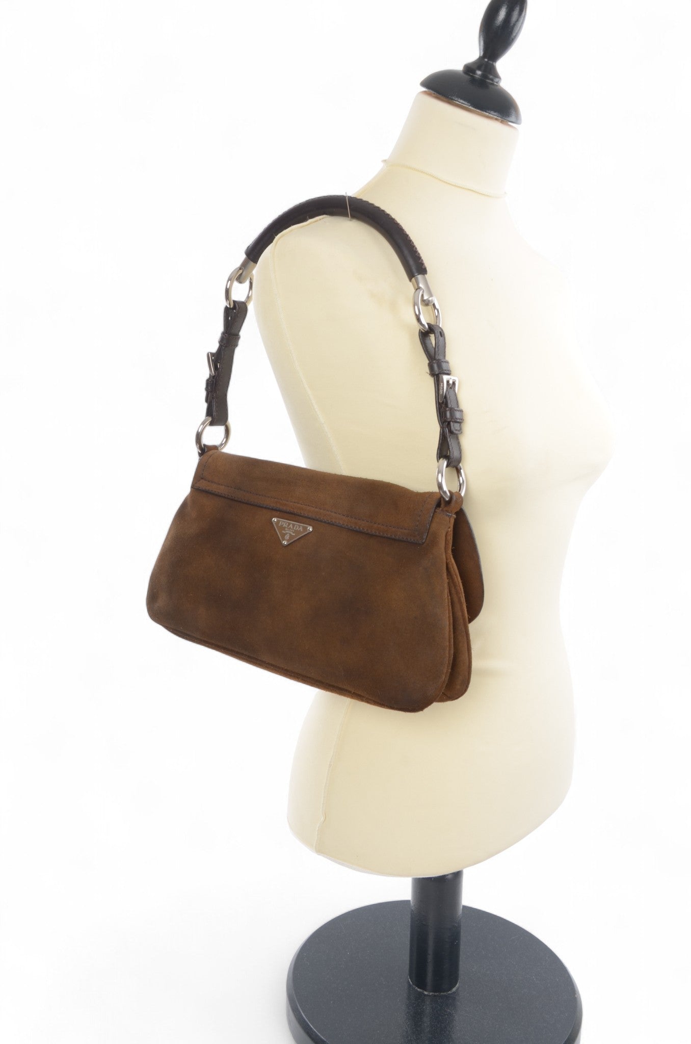 Prada Suede Shoulder Bag Handbag Vintage Leather Logo Brown Designer Classic