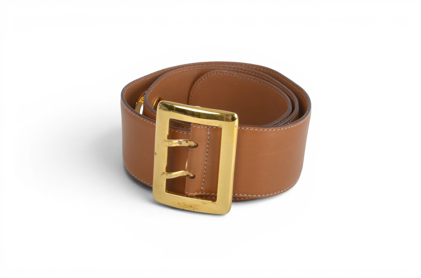 Celine Vintage Leather Belt Circle Hardware Women's Brown Gold Buckle Designer Classic