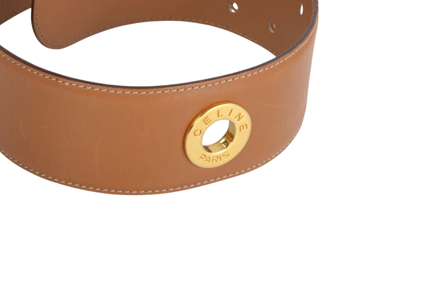 Celine Vintage Leather Belt Circle Hardware Women's Brown Gold Buckle Designer Classic