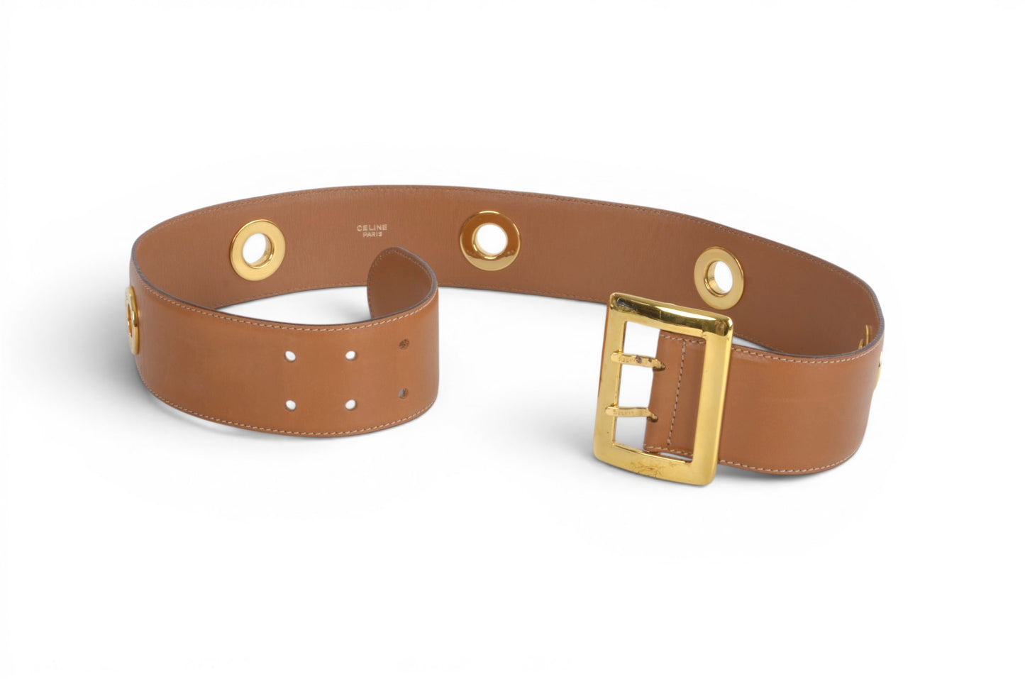 Celine Vintage Leather Belt Circle Hardware Women's Brown Gold Buckle Designer Classic