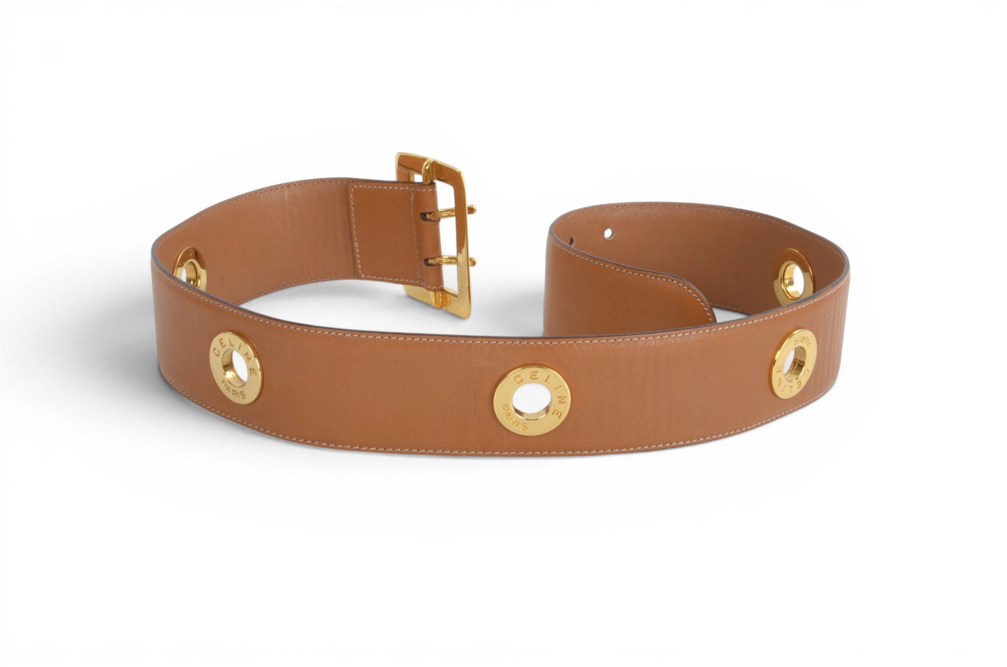 Celine Vintage Leather Belt Circle Hardware Women's Brown Gold Buckle Designer Classic