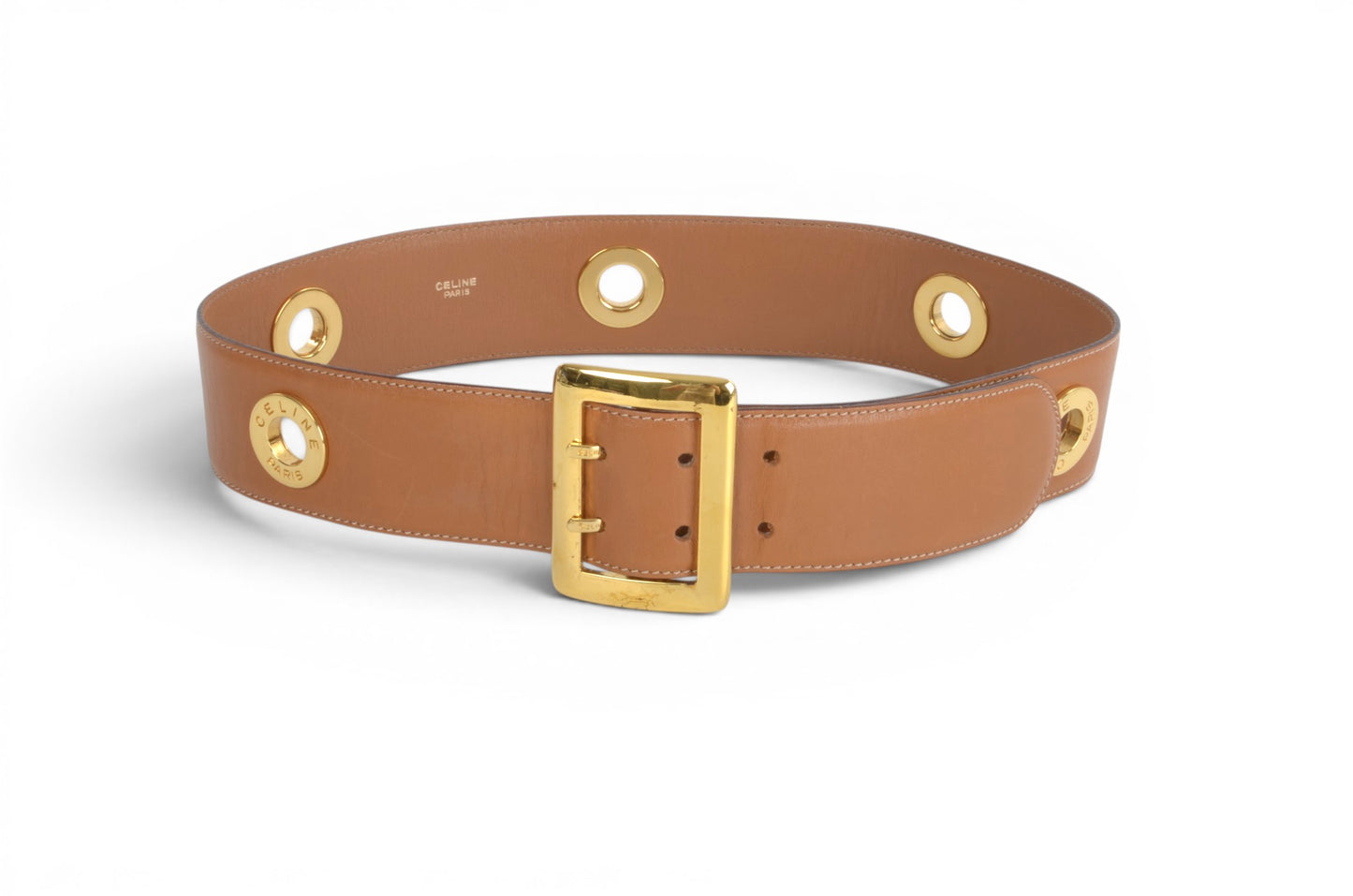 Celine Vintage Leather Belt Circle Hardware Women's Brown Gold Buckle Designer Classic