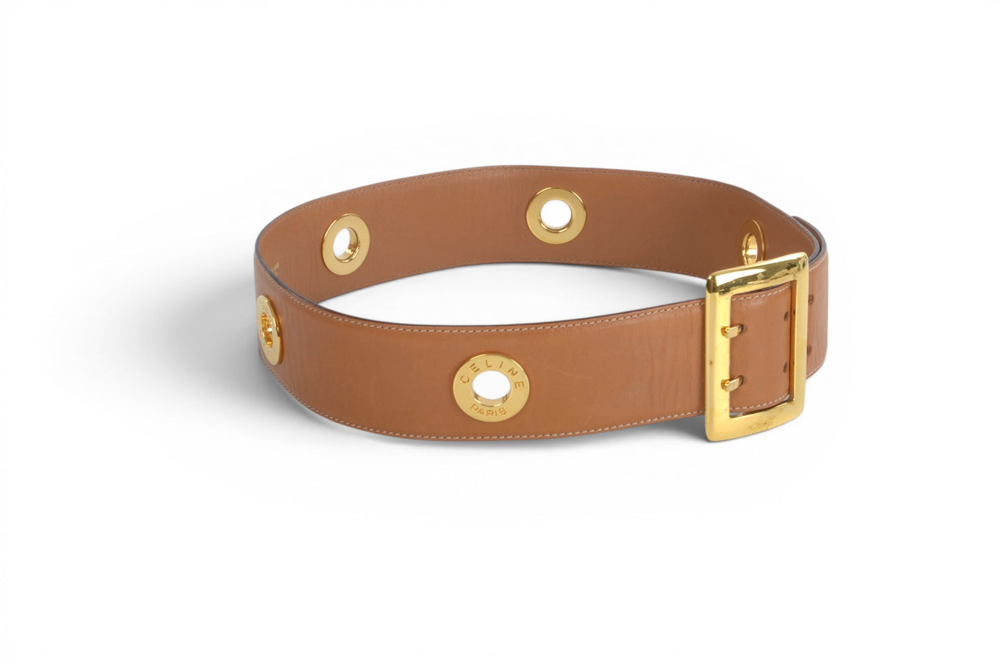 Celine Vintage Leather Belt Circle Hardware Women's Brown Gold Buckle Designer Classic