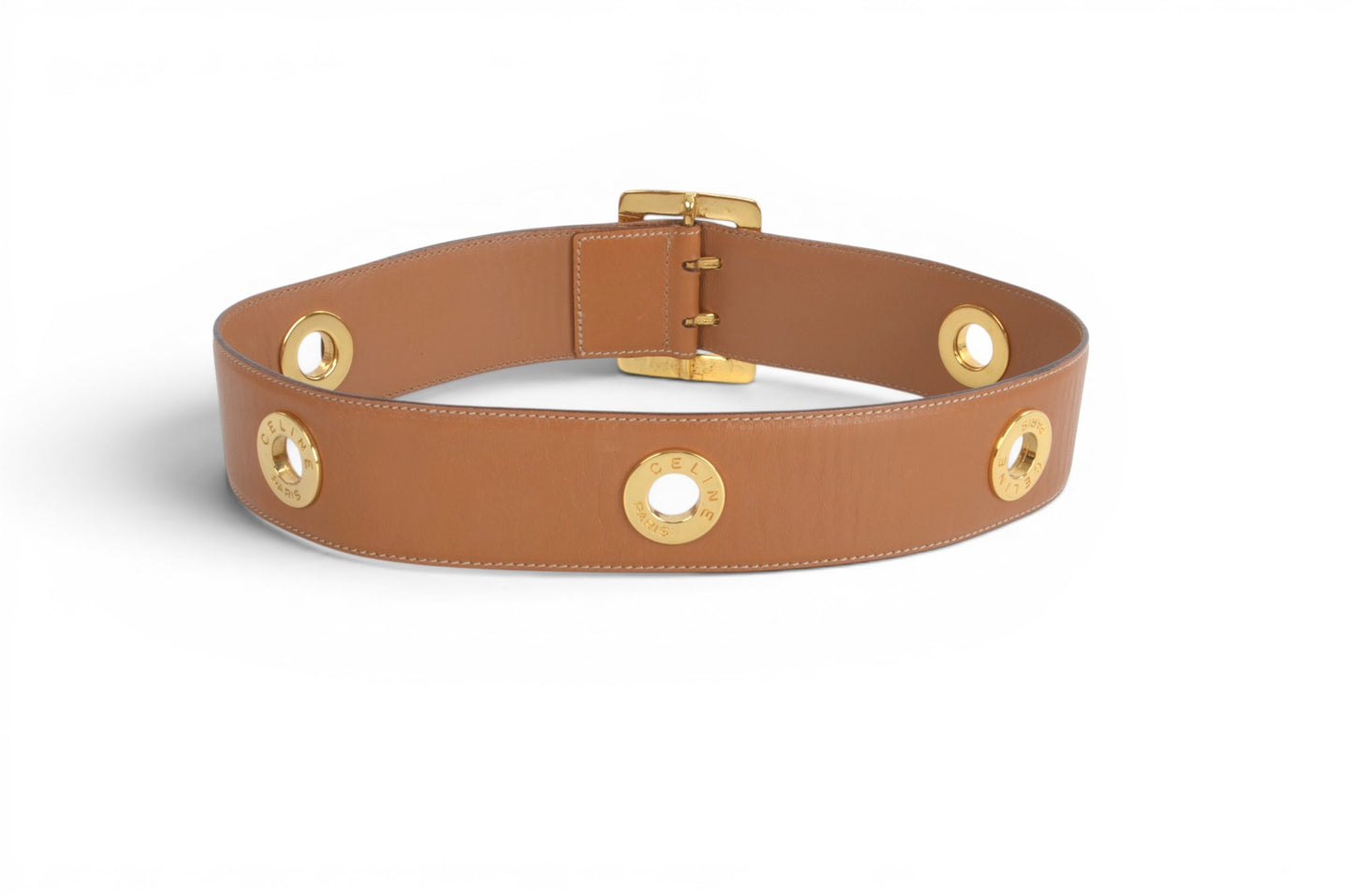 Celine Vintage Leather Belt Circle Hardware Women's Brown Gold Buckle Designer Classic