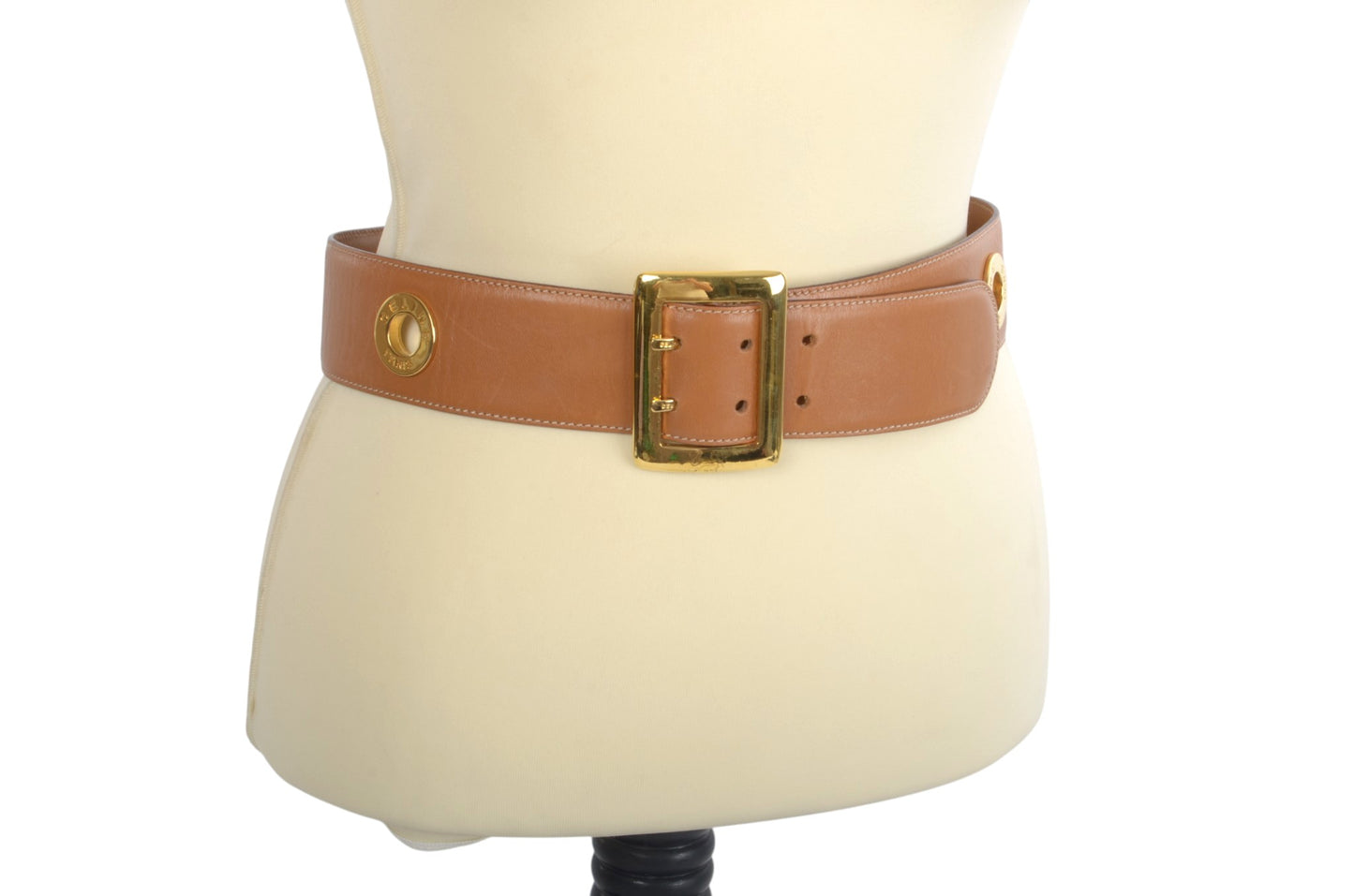 Celine Vintage Leather Belt Circle Hardware Women's Brown Gold Buckle Designer Classic