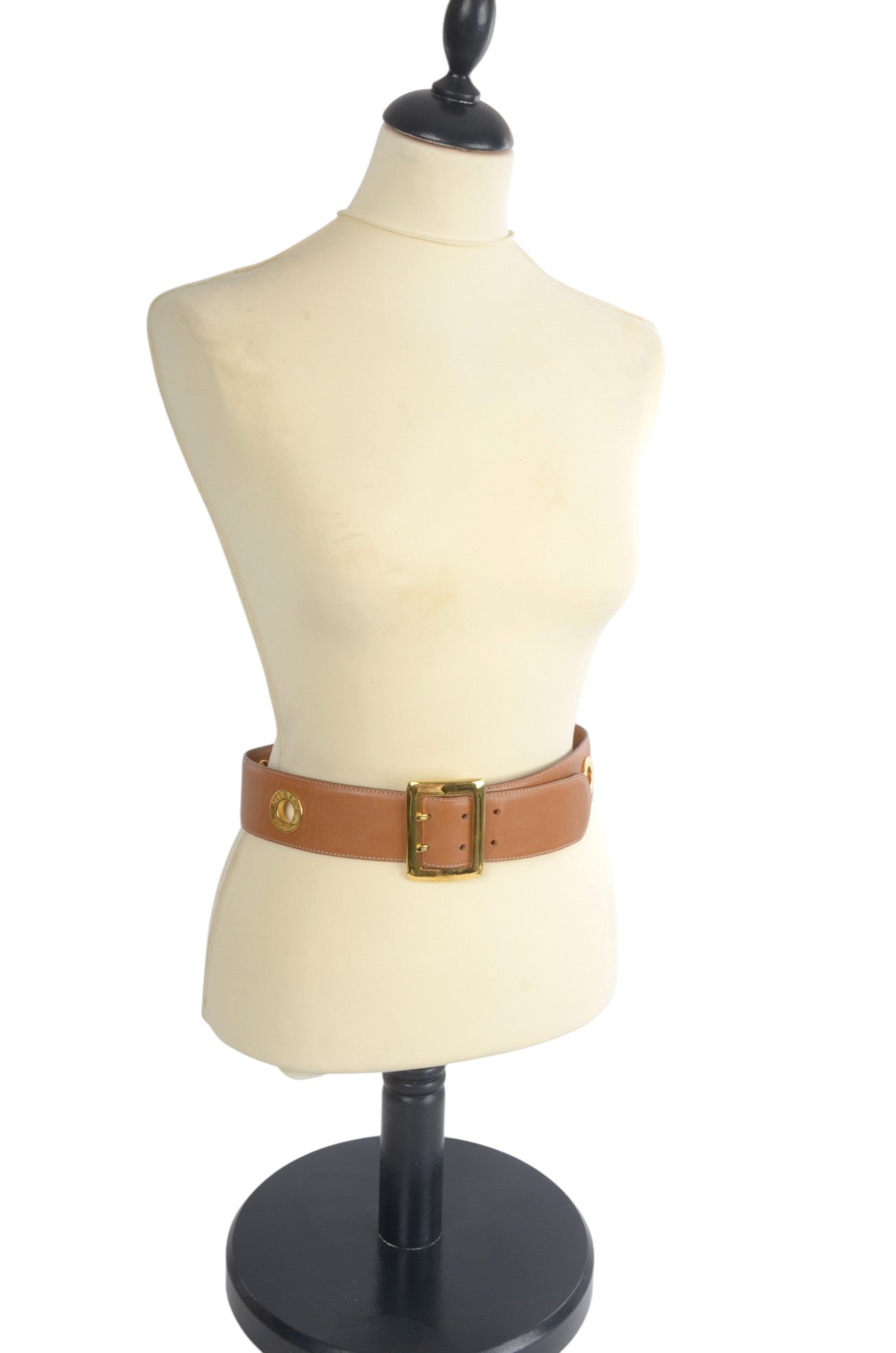 Celine Vintage Leather Belt Circle Hardware Women's Brown Gold Buckle Designer Classic