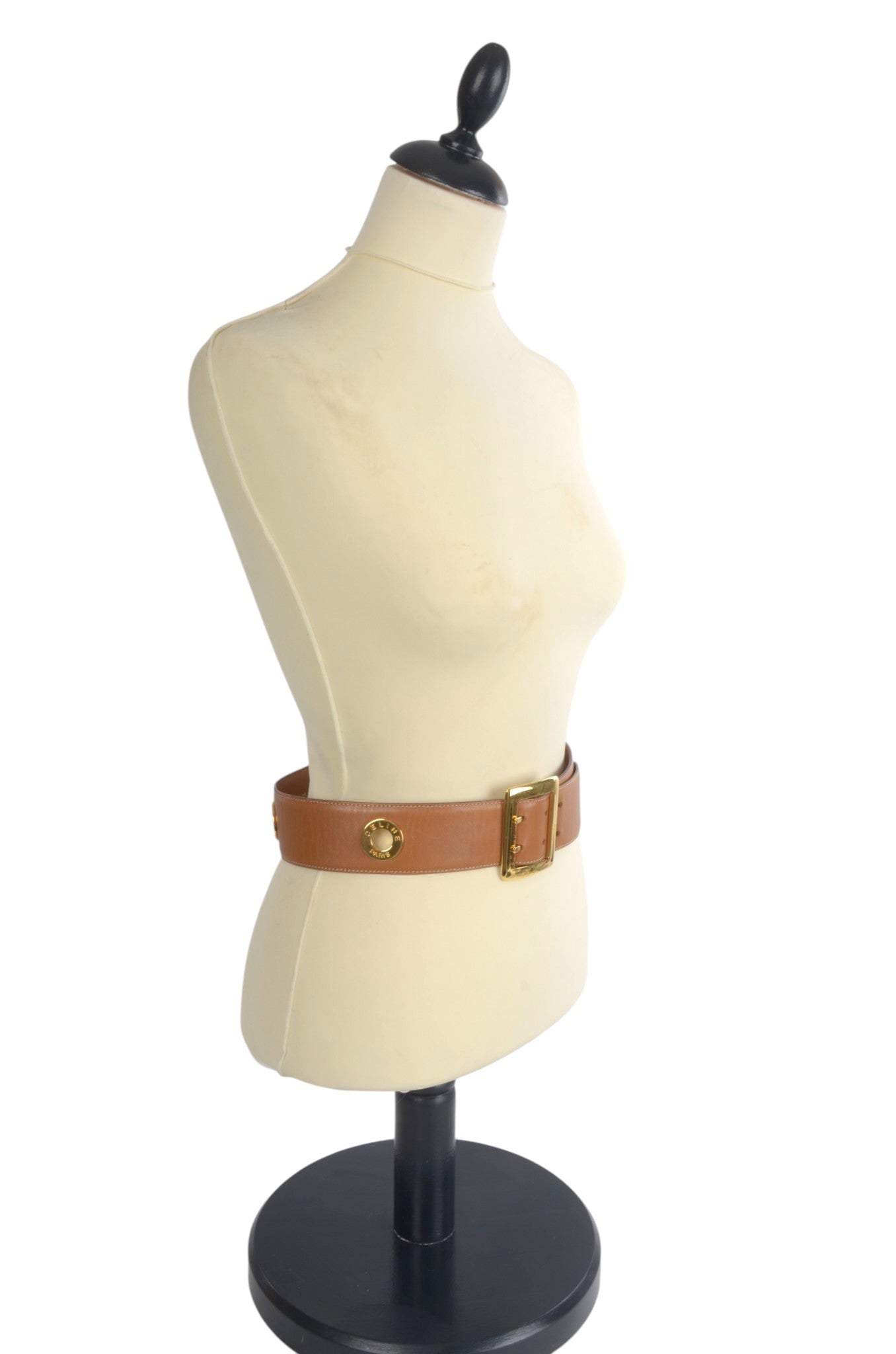 Celine Vintage Leather Belt Circle Hardware Women's Brown Gold Buckle Designer Classic