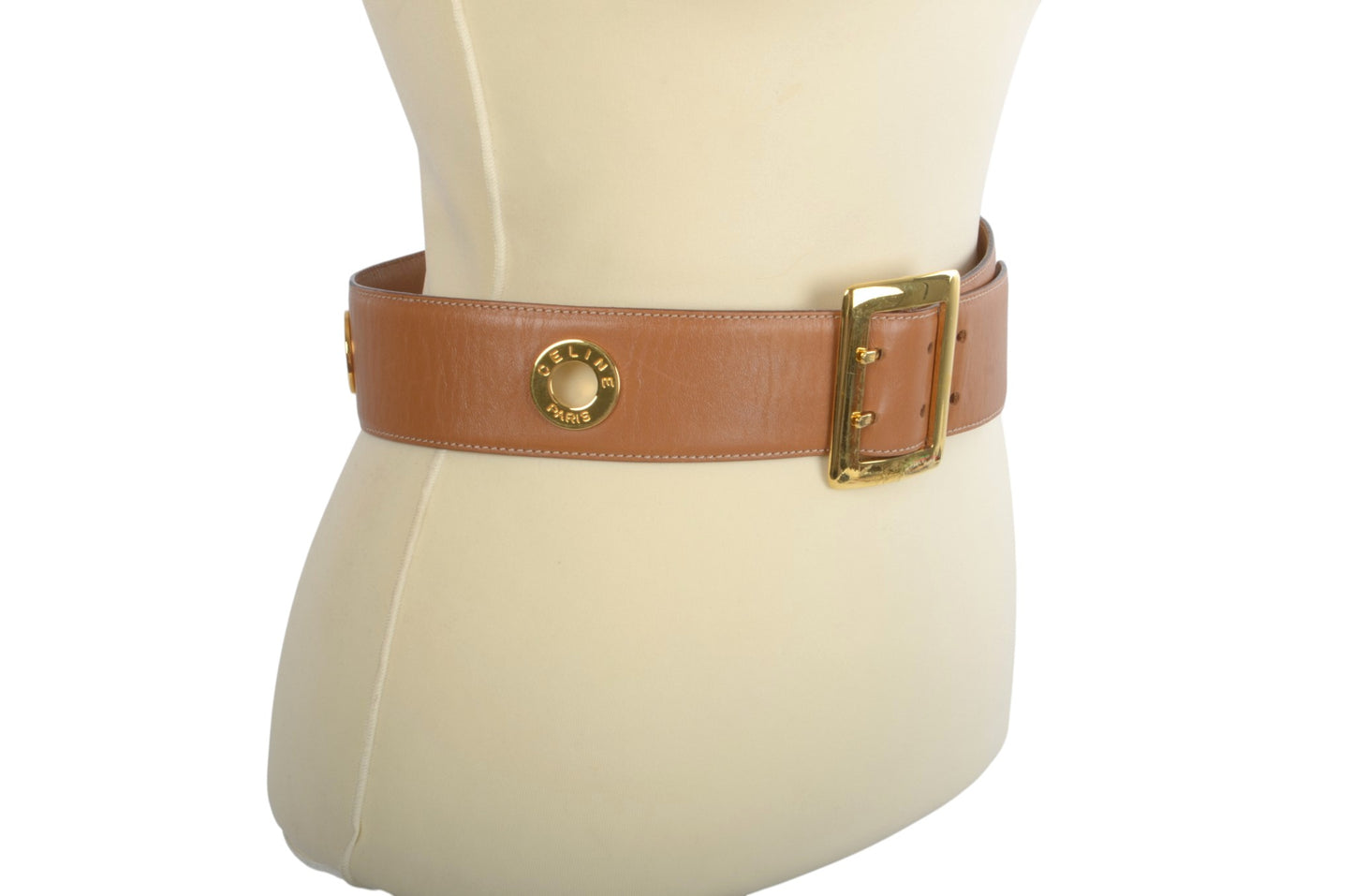 Celine Vintage Leather Belt Circle Hardware Women's Brown Gold Buckle Designer Classic