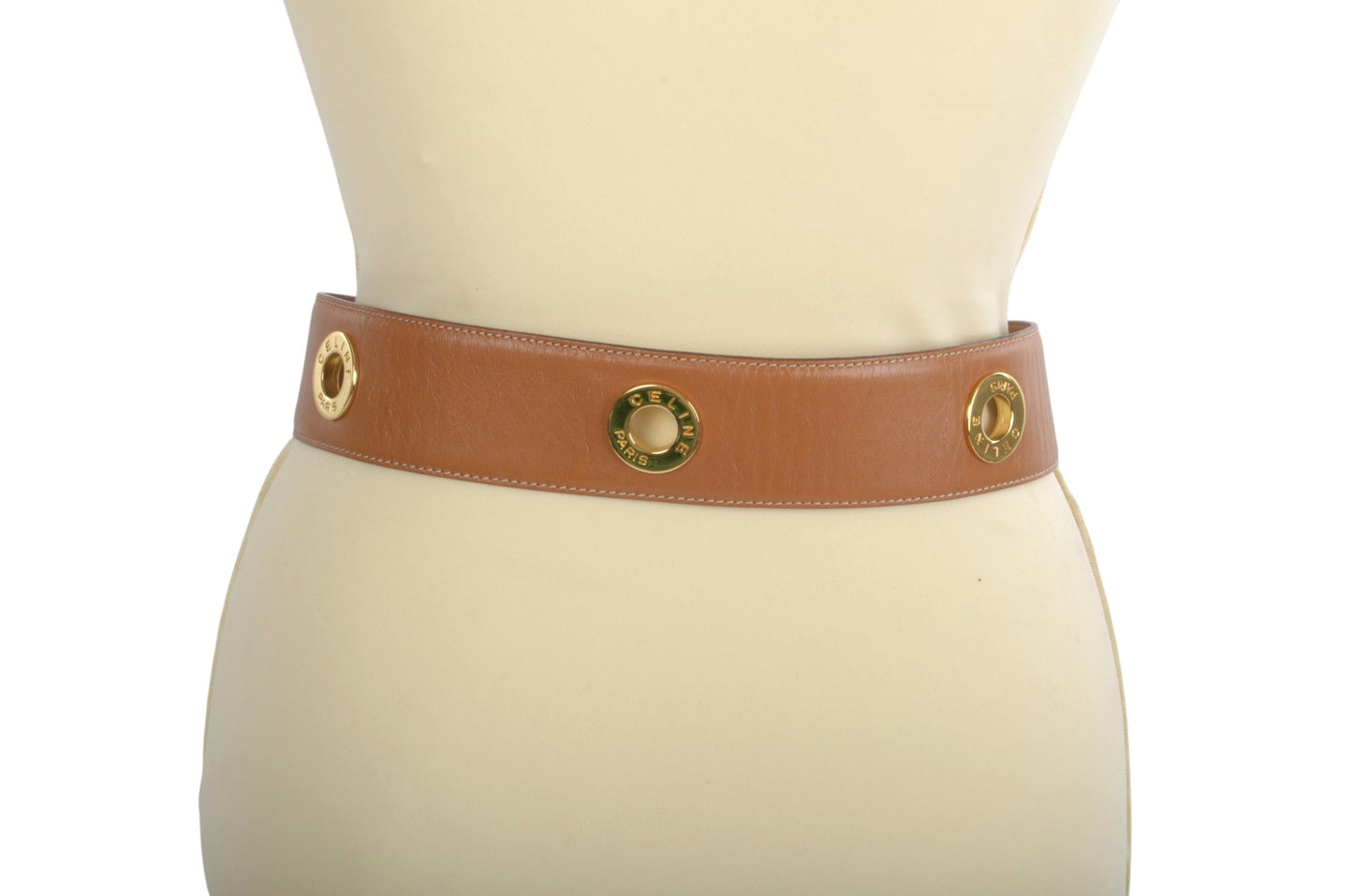 Celine Vintage Leather Belt Circle Hardware Women's Brown Gold Buckle Designer Classic