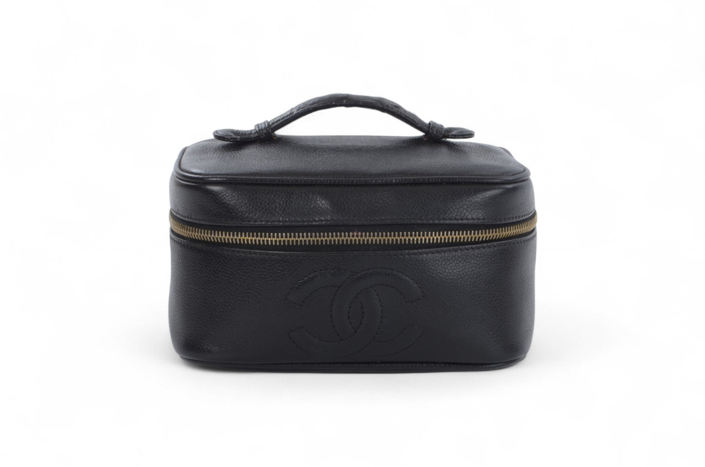 Chanel Vanity Bag CC Caviar Leather Logo Vintage Skin Black Make Up Pouch