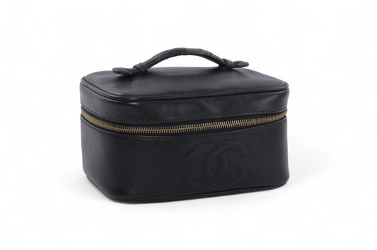 Chanel Vanity Bag CC Caviar Leather Logo Vintage Skin Black Make Up Pouch