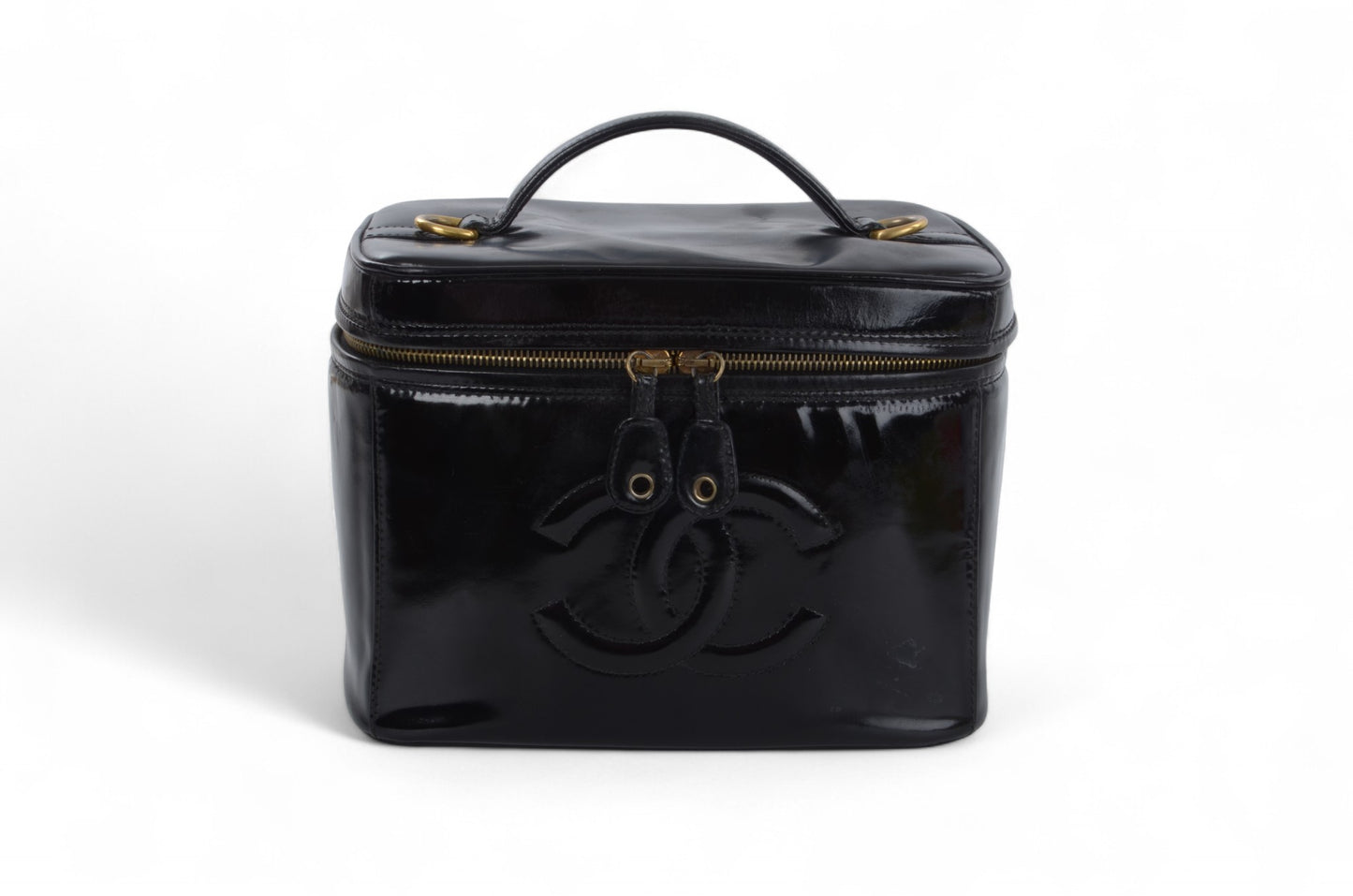 Chanel Vanity Bag CC Logo Vintage Patent Leather Black Enamel Make Up Box Designer Classic