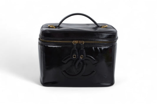 Chanel Vanity Bag CC Logo Vintage Patent Leather Black Enamel Make Up Box Designer Classic