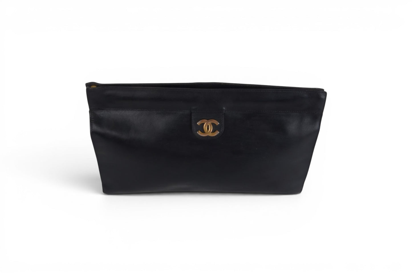 Chanel Clutch Leather Black Bag CC Logo Gold Vintage Designer Classic