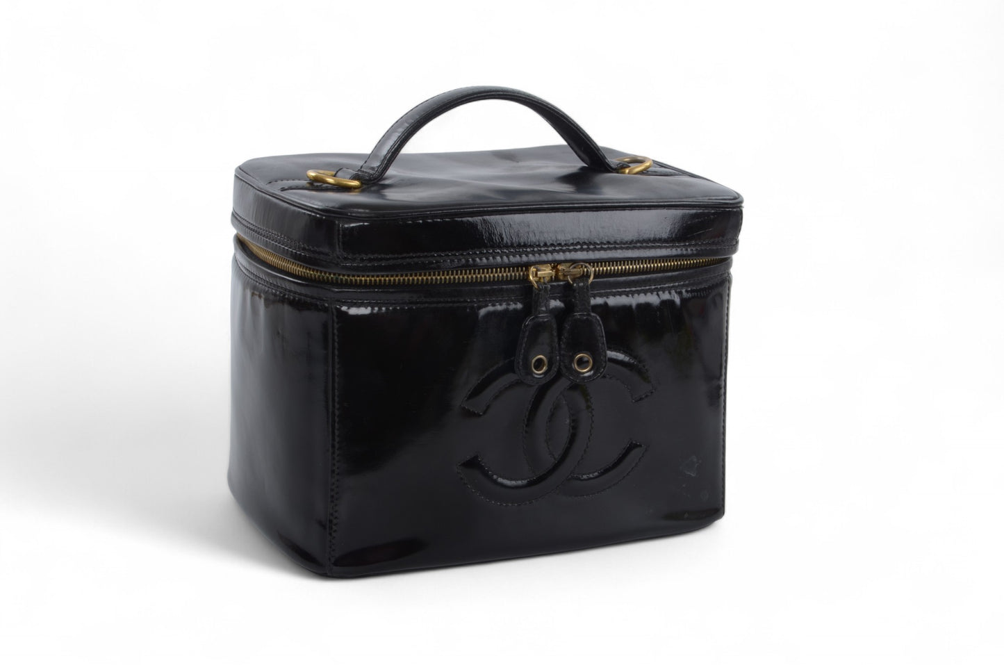 Chanel Vanity Bag CC Logo Vintage Patent Leather Black Enamel Make Up Box Designer Classic